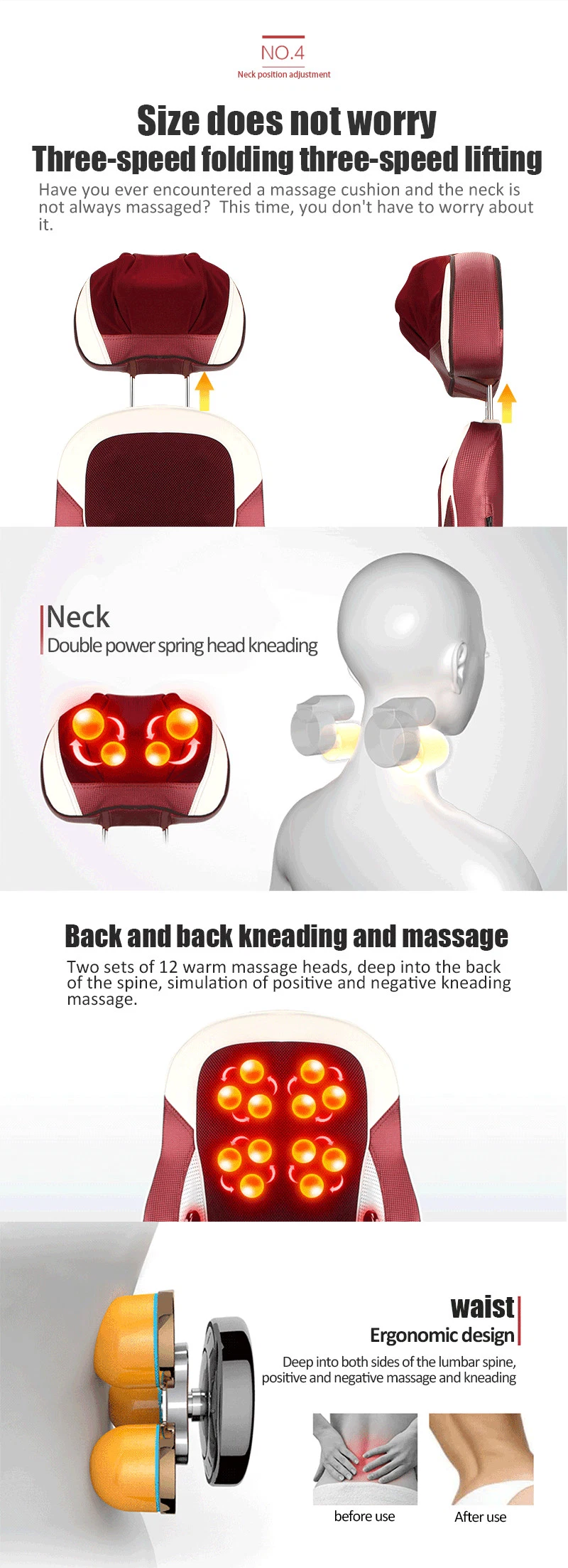 Neck Back Kneading Shiatsu Vibrating Car Electric Buttock Multifunction Massage Seat Cushion with Heat